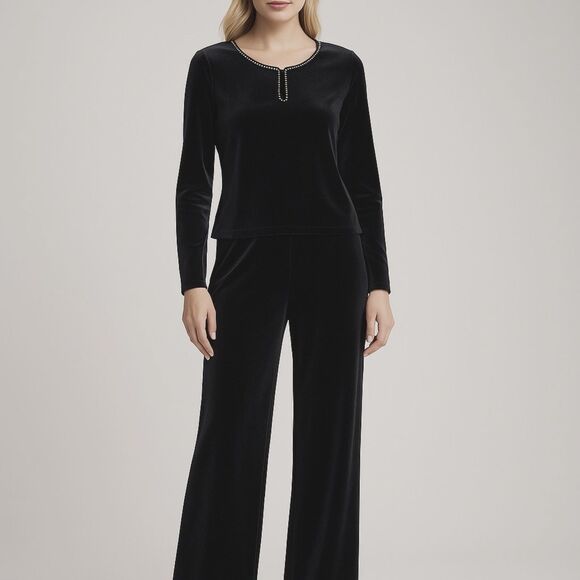 Wanko Black Velvet Evening Set Rhinestone Trim Stretch Top & Pants Outfit S NWT - Picture 1 of 10